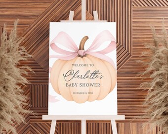 Pumpkin Baby Shower Welcome Sign, Pink Bow Fall Sign Canva Template (Digital Download) P30
