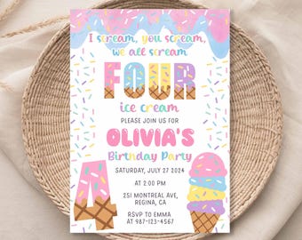 Editable Ice Cream 4th Birthday Invitation (Digital Download)