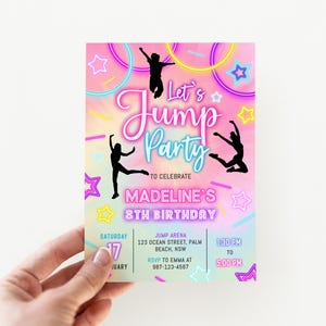 Editable Jump Birthday Party Invitation Tie Dye Jump Birthday Party Glow Jump Trampoline Party Let&#39;s Jump Party Instant Editable File Girl