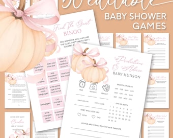 Fall Baby Shower Games Bundle, Pink Bow Pumpkin Party Game Pack (Editable Download)