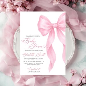 Pink Bow Baby Shower Invitation Template Pink Baby Shower Bow Girl Baby Shower Baby Girl Invite Pink Bow Invitation Pink Ribbon Invite