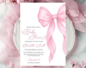 Pink Bow Baby Shower Invitation Template Pink Baby Shower Bow Girl Baby Shower Baby Girl Invite Pink Bow Invitation Pink Ribbon Invite