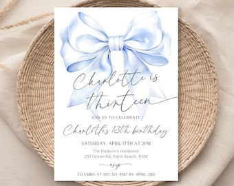 Blue Bow 13th Birthday Invitation, Coquette Dinner Party (Digital Download)