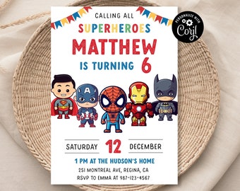 Editable Superheroes Birthday Invitation Template Printable Birthday Party Invitation Kids Party Invite Template Superhero Bday Card sh1