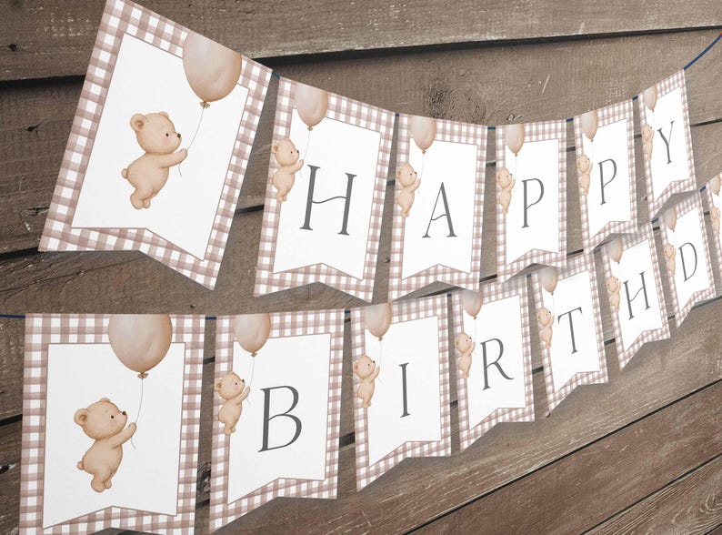 Bear Happy Birthday Banner Template, Beary First Decoration TB12 - Etsy