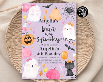 May include: Purple invitation with a watercolor illustration of ghosts, pumpkins, bats, and a black cat. The text reads "Amelia's is four ever spookyne" and "Amelia's 4th Boo-day".