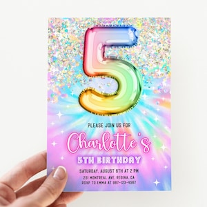 Glow 5th Birthday Invitation Template Glitter Birthday Party Invite Rainbow Foil Girl Fifth Birthday 5 Year Old Tie Dye Girl Party Invite