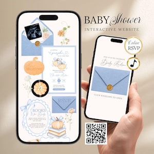 May include: Two smartphones displaying a baby shower interactive website with light blue envelopes, watercolour pumpkins, and floral accents. The screens feature text including Baby Shower, A Little Pumpkin Is On The Way, and Online RSVP, alongside a QR code.