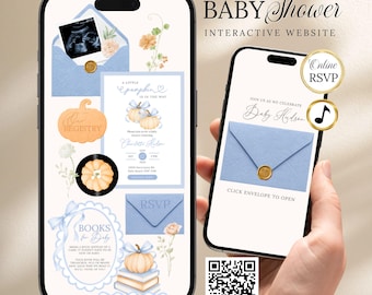 Little Pumpkin Baby Shower Website Invitation — Fall Blue Bow Theme, Editable Canva (Digital Download)