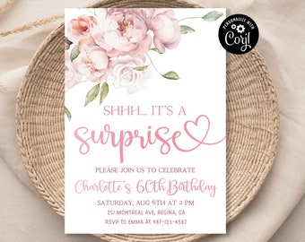 Editable Surprise Birthday Invitation Template Floral Birthday Party Invitations for Women Birthday Invite for Her Dusty Rose Invite SP1