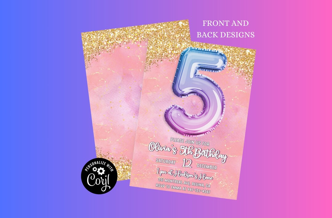 Editable Pink 5th Birthday Invitation Template Glitter Birthday Party ...