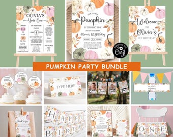 May include: A selection of autumn-themed party decorations with pumpkin motifs. The set includes invitations, welcome signs, cupcake toppers, and banners. Text includes "Olivia's 1st Birthday" and "Pumpkin Party Bundle".