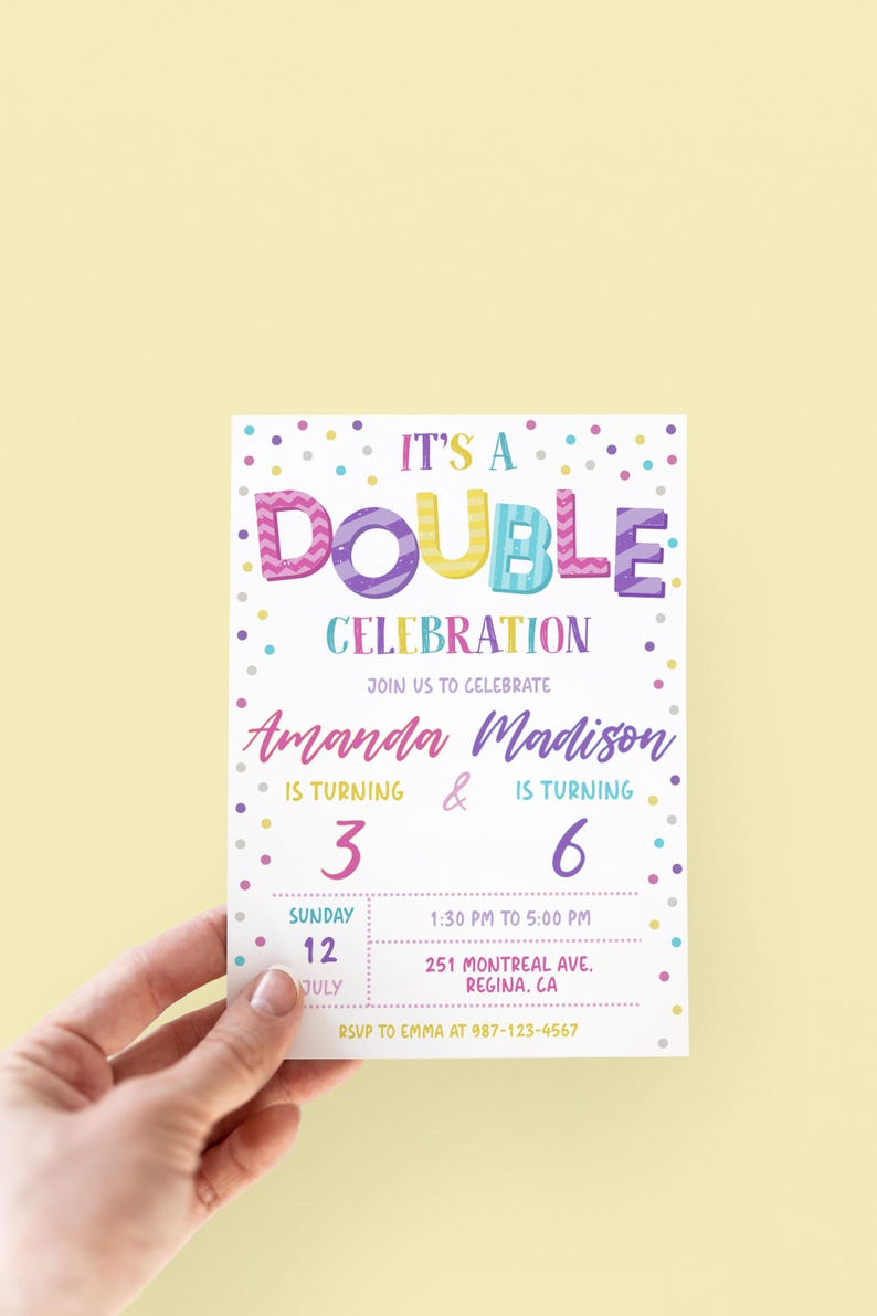 K&ouml;nnte beinhalten: Eine farbenfrohe Einladung zu einer Doppelfeier. Es ist eine Doppelfeier, feiern Sie mit uns Amanda, die 3 Jahre alt wird, und Madison, die 6 Jahre alt wird. Die Party findet am Sonntag, den 12. Juli von 13:30 Uhr bis 17:00 Uhr in der 251 Montreal Ave, Regina, CA statt. RSVP an Emma unter 987-123-4567.