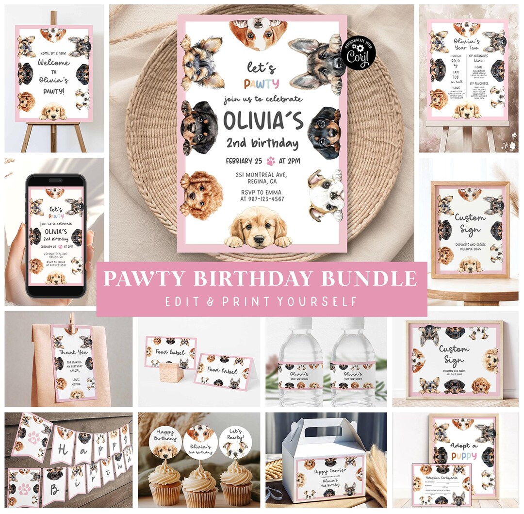 Puppy Pawty Birthday Bundle Template, Dog Adoption Party (digital ...