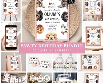 Modèle de lot d'invitations d'anniversaire chiot Pawty, lot de fête de chien, lot de chien fille Pawty, lot de chiot, lot de chiens, fête d'adoption PA3