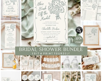 Off The Market Bridal Shower Bundle Invitation Template Sage Green Farmer's Wedding Shower Brunch Pack Floral Bridal Shower Invite Set FO4