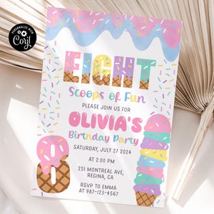 Bearbeitbare Eis-Geburtstags-Einladung Acht Kugeln Spaß Einladung zum 8. Geburtstag Party-Einladung Vorlage Sofortiger Download Eis einladen ic1