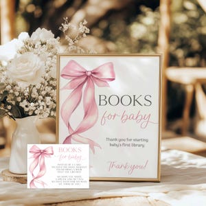 Ensemble de livres pour baby shower, décoration coquette rose pour baby shower, billet pour bébé, nœud rose, jeux de cartes et enseignes pour bébé, B13