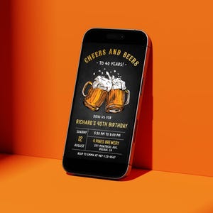 以下が含まれることがあります： 黒板の背景と乾杯する2つのビールジョッキのグラフィックを備えた、40歳の誕生日パーティーのデジタル招待状。テキストには「Cheers and Beers - To 40 Years!」と表示され、パーティーの詳細が含まれています。「Join us for Richard's 40th Birthday, Sunday, August 12, 5:30 PM to 8:00 PM, 4 Pines Brewery, 251 Montreal Ave, Regina CA, RSVP to Emma at 987-123-4567.」