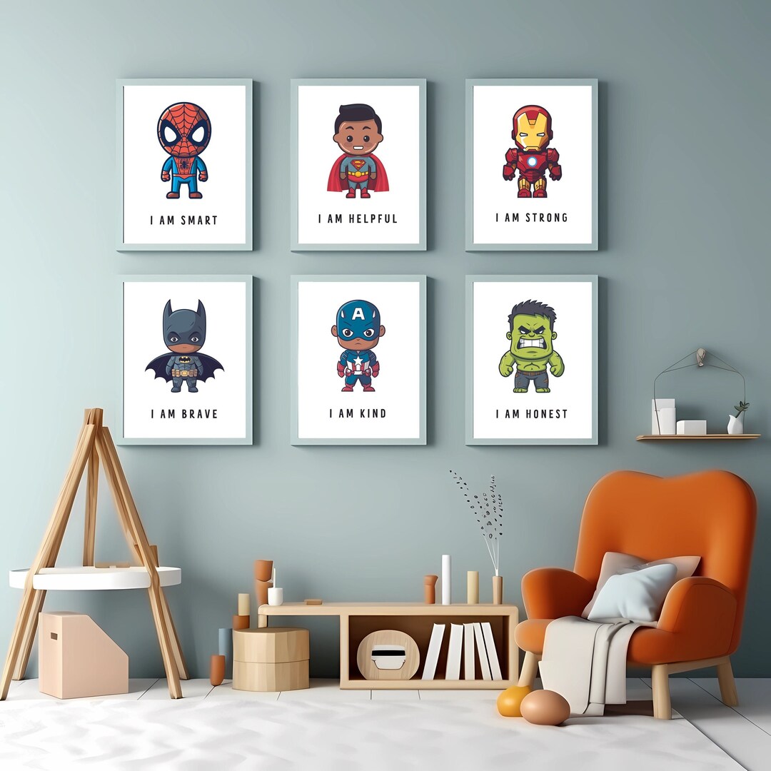 BLACK SUPERHERO NURSERY Art Set of 6 Colourful Kids Room Bright Nursery ...
