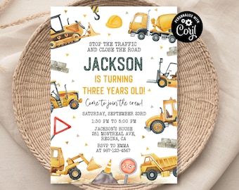 May include: Construction themed birthday party invitation with a yellow and black color scheme. The invitation features a variety of construction vehicles, including a bulldozer, a cement mixer, a forklift, and a dump truck. The text on the invitation reads "Stop the traffic and close the road. Jackson is turning three years old! Come to join the crew! Saturday, September 23rd, 1:30 PM to 5:00 PM, Jackson's House, 251 Montreal Ave, Regina, CA. RSVP to Emma at 987-123-4567."