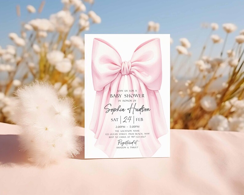 Op de afbeelding: Een uitnodiging voor een babyshower met een illustratie van een grote, zachtroze strik. De uitnodiging bevat de tekst "Join us for a Baby Shower in Honor of Sophia Hudson" met evenementdetails. Het ontwerp staat tegen een zachte, vage achtergrond.