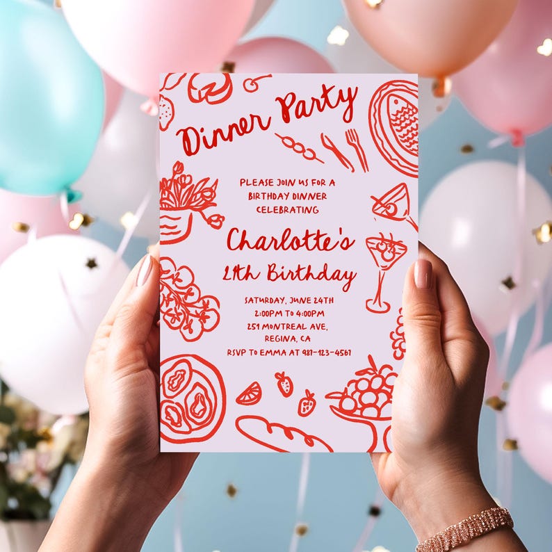 May include: Red and white dinner party invitation with a hand-drawn illustration of food and drinks. The invitation is for Charlotte's 11th birthday party on Saturday, June 24th from 2:00 PM to 4:00 PM at 251 Montreal Ave, Regina, CA. RSVP to Emma at 981-123-4567.