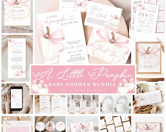 Fall Baby Shower Bundle, Pink Bow Pumpkin Invitation Pack (Editable Download) P30