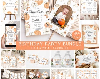 May include: A collection of printable birthday party decorations with a pumpkin theme. Includes invitations, signs, labels, cupcake toppers, and banners. The text includes "Charlotte's 1st Birthday" and "A Little Pumpkin is Turning One!"