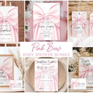 May include: A collection of pink baby shower decorations featuring a watercolor bow design. Includes a welcome sign, invitation, tags, a sign for books, a predictions and advice sheet, and a diaper raffle sign. The text includes "Sophia's Baby Shower".