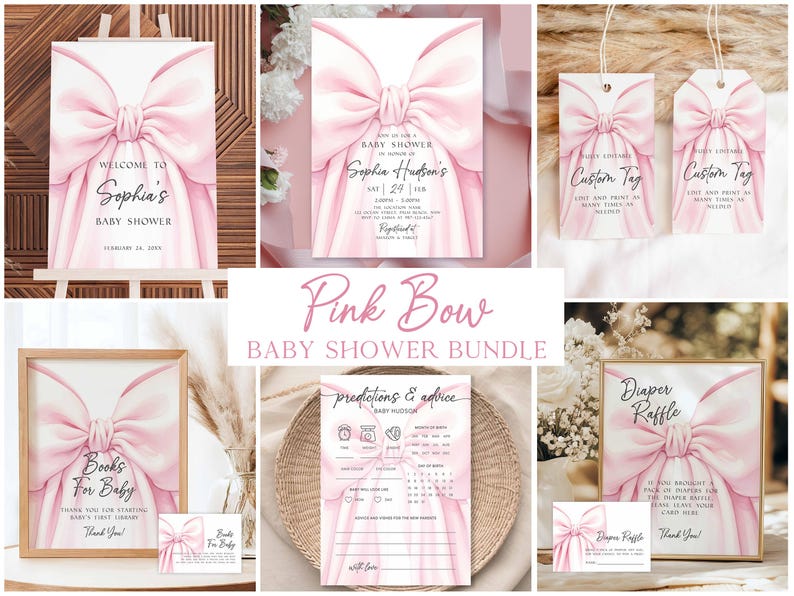 May include: A collection of pink baby shower decorations featuring a watercolor bow design. Includes a welcome sign, invitation, tags, a sign for books, a predictions and advice sheet, and a diaper raffle sign. The text includes "Sophia's Baby Shower".