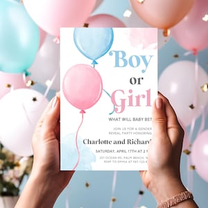 EDITABLE Gender Reveal Invitation Template He Or She Gender Reveal Invitation Baby Boy or Girl Balloon Invite Pink and Blue Invite