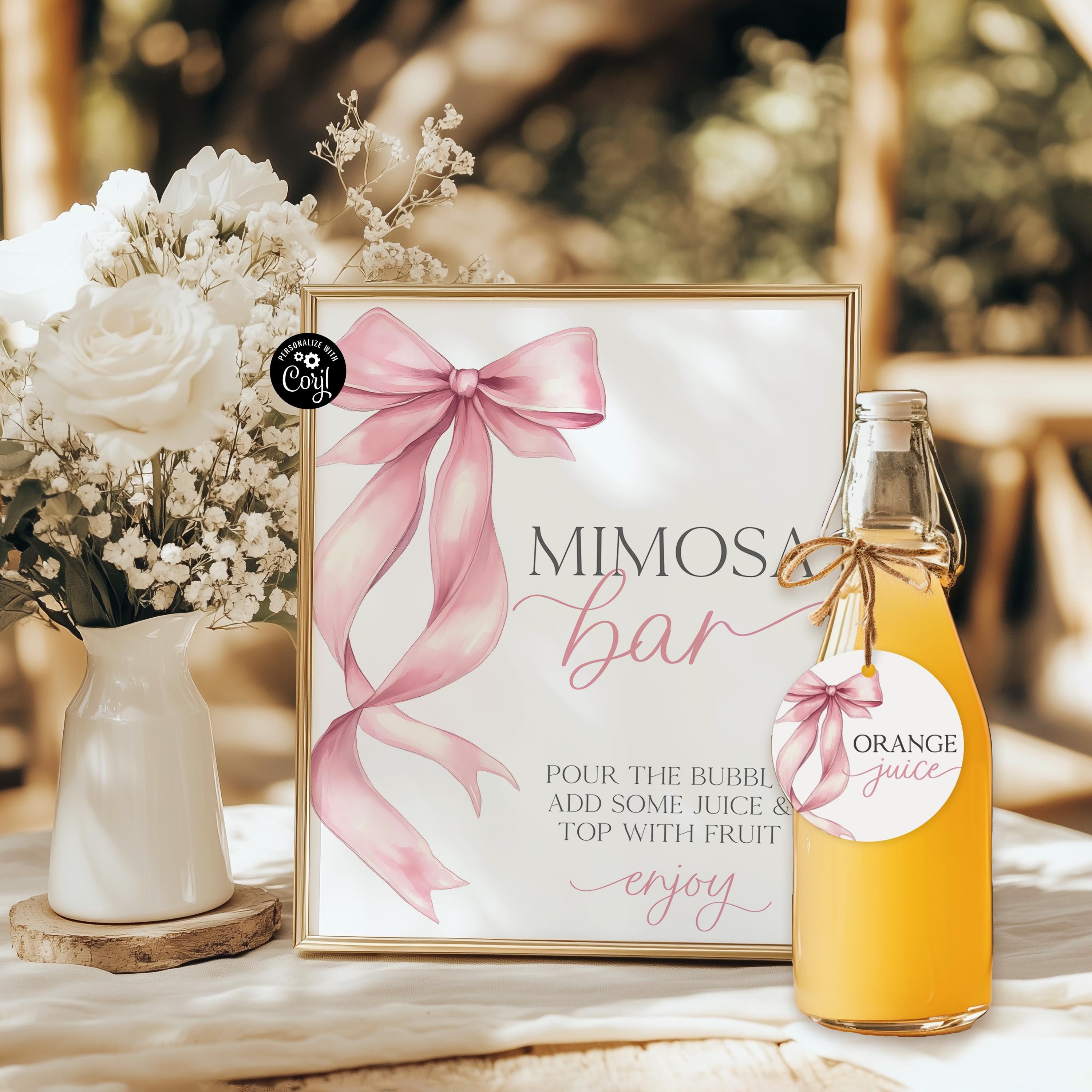 Pink Bow Mimosa Bar Sign mimosa sign Juice Labels Mimosa Juice Tags Pink Bow Baby Shower Momosa Bar Sign Printable Mimosa Bar Tags B13