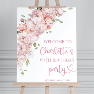 Plantilla editable de letrero de bienvenida de cumpleaños sorpresa Letrero floral para fiesta de cumpleaños para mujeres Letrero de cumpleaños para ella Póster de bienvenida rosa polvoriento SP1