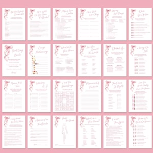 Puede incluir: Un conjunto de juegos de despedida de soltera imprimibles con cintas rosas y detalles florales. Los juegos incluyen "Bridal Word Scramble", "How Well Do You Know The Bride?", "Music Love Quotes", "How Old Were They", "Guessing Love Songs", "Cover Or Under", "Don't Say Bride", "Emoji Pictionary", "What's On Your Phone", "Love You Awards For The World", "Drink If", "Honey Do List", "Name That Tune", "Wedding A-Z", "Find The Guest Range", "Memories Of The Bride", "The Price Is Right", "Guess The Bride Quality From The Dress", "Family Feud Bridal Edition", "Advice For The Bride", "Guess The Dress", "What Is On Your Phone", "Finish The Lyric", "Guess Who Said It Bride & Groom".