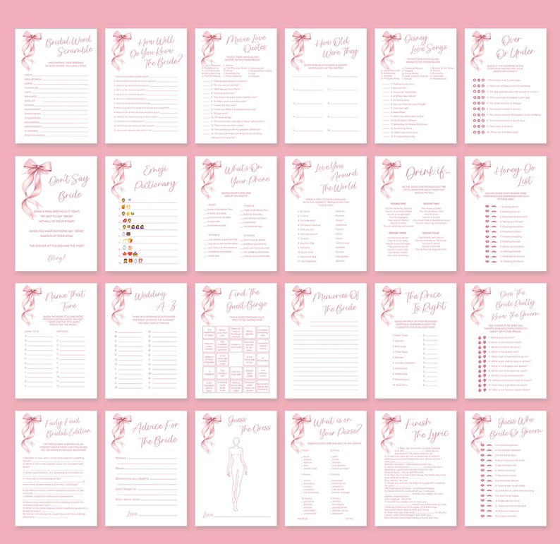 Puede incluir: Un conjunto de juegos de despedida de soltera imprimibles con cintas rosas y detalles florales. Los juegos incluyen "Bridal Word Scramble", "How Well Do You Know The Bride?", "Music Love Quotes", "How Old Were They", "Guessing Love Songs", "Cover Or Under", "Don't Say Bride", "Emoji Pictionary", "What's On Your Phone", "Love You Awards For The World", "Drink If", "Honey Do List", "Name That Tune", "Wedding A-Z", "Find The Guest Range", "Memories Of The Bride", "The Price Is Right", "Guess The Bride Quality From The Dress", "Family Feud Bridal Edition", "Advice For The Bride", "Guess The Dress", "What Is On Your Phone", "Finish The Lyric", "Guess Who Said It Bride & Groom".