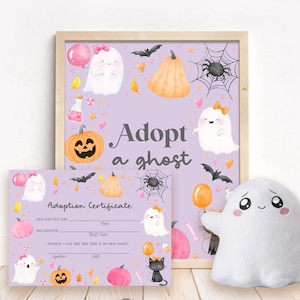 Ghost Adoption Center Sign and Certificate Adopt A Ghost Purple Birthday Party Game Halloween Party Game Hey Boo Adoption Certificate CG3