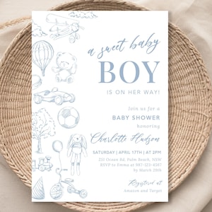 Blue Toile de Jouy Baby Shower Invitation Template Dusty Blue Baby Shower Teddy Bear Theme Elegant Baby Boy Invite for Boy Baby Shower TJ1