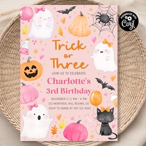 Trick oder Drei Geburtstagseinladung Halloween-Geist 3. Geburtstagsfeier Spooky Geburtstag dritter Geburtstag Spooktacular laden rosa Mädchen-Geburtstag ein