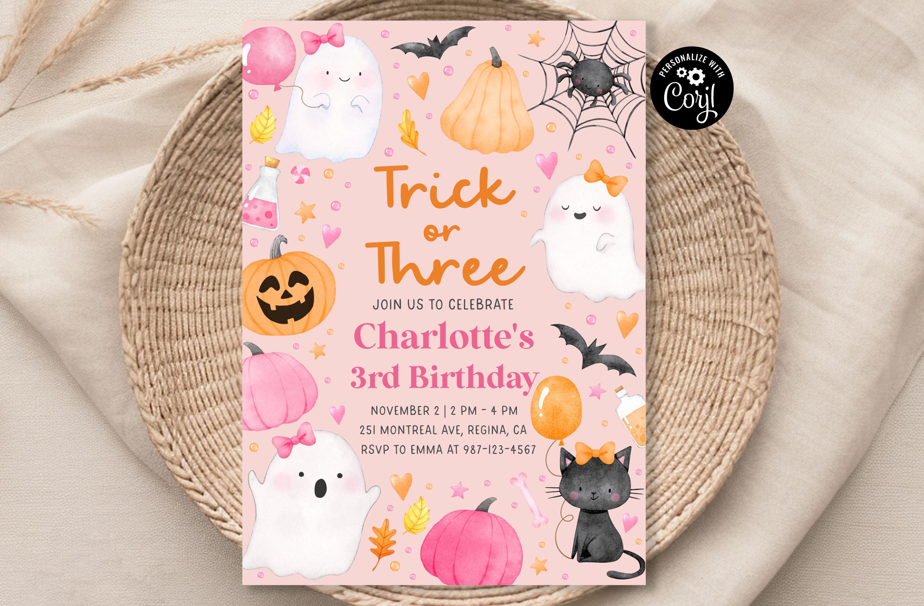 Trick or Three Birthday Invitation Halloween Ghost 3rd Birthday Spooky Birthday Third Birthday Spooktacular Invite Pink Girl Birthday CG2