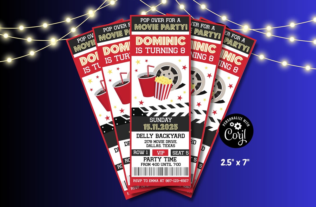Editable Movie Birthday Invitation Printable Digital Kids Party Cinema Birthday Party Invites ...