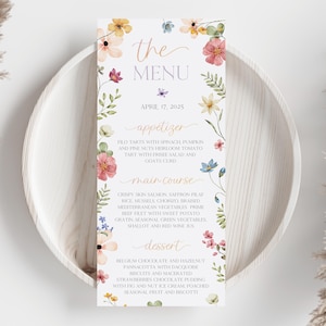 Tarjeta de menú de flores silvestres Tarjeta de menú de flores silvestres Tarjeta de menú de evento de baby shower Decoración floral boho Menú de flores silvestres pequeñas Decoración de despedida de soltera WF4