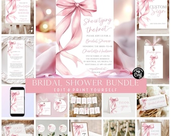 May include: A collection of pink bridal shower stationery items, including invitations, menus, signs, and labels. Each item features a watercolor bow design and elegant script. The bundle is designed for editing and printing.