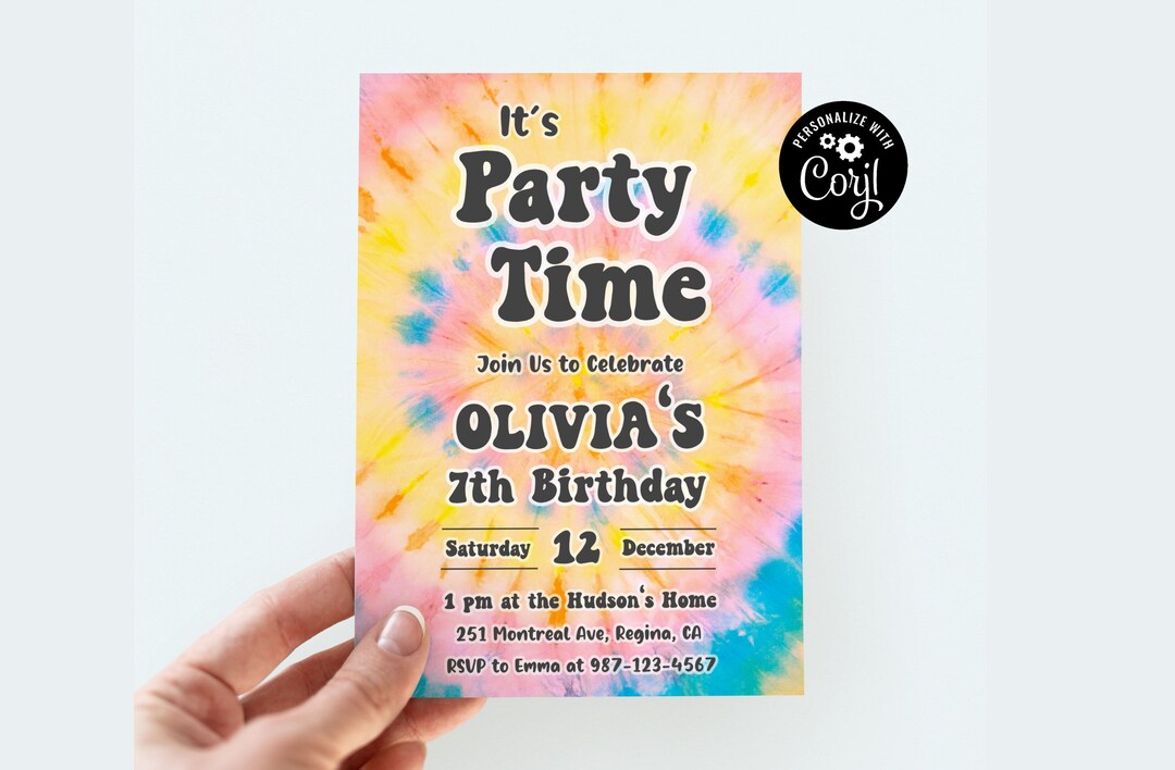 Self Editable Tie Dye Party Invitation Instant Download Rainbow Tie Dye Birthday Invitations ...
