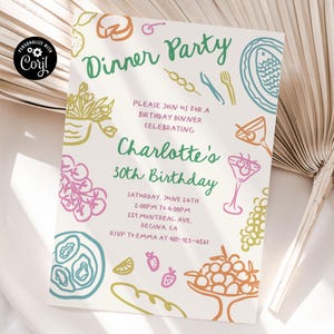 May include: A colorful invitation for a dinner party celebrating Charlotte's 30th birthday. The invitation features a hand-drawn design with food and drink illustrations. The text reads "Dinner Party" and "Charlotte's 30th Birthday". The date and time of the party are listed as "Saturday, June 24th, 1:00PM to 4:00PM". The address is "251 Montreal Ave, Regina CA". The RSVP information is "RSVP to Emma at 42-123-4561".