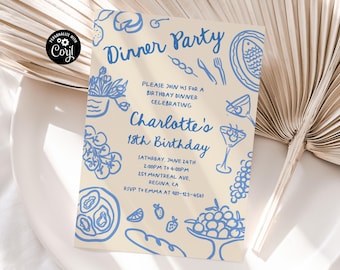 Invito di compleanno chic disegnato a mano, invito retrò, invito di compleanno stravagante per adulti, invito per cena, invito eccentrico illustrato