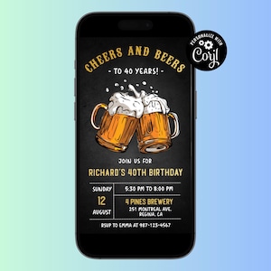 以下が含まれることがあります： 40歳の誕生日パーティーのデジタル招待状。黒板の背景に「Cheers and Beers - To 40 Years!」の文字と、乾杯する2つのビールジョッキの漫画が描かれています。招待状には、パーティーの日時と場所、誕生日を迎えるリチャードの名前が記載されています。また、「RSVP to Emma at 987-123-4567」の文字も記載されています。