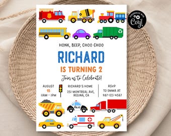 Editable Transportation Invitation Honk Beep Choo Choo Train Truck Birthday Invitation Cars Birthday Invite Transport Cars Birthday