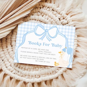 Carte Silly Goose pour baby shower Livres Silly Goose pour baby shower pour bébé oie Carte de demande Livres Vichy bleu à insérer sur le thème de l'oie SG7