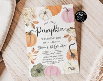 May include: An autumnal invitation card featuring watercolour pumpkins in shades of orange, white, and pink, with floral decorations. The text reads "Our Little Pumpkin is Turning One" and includes event details.